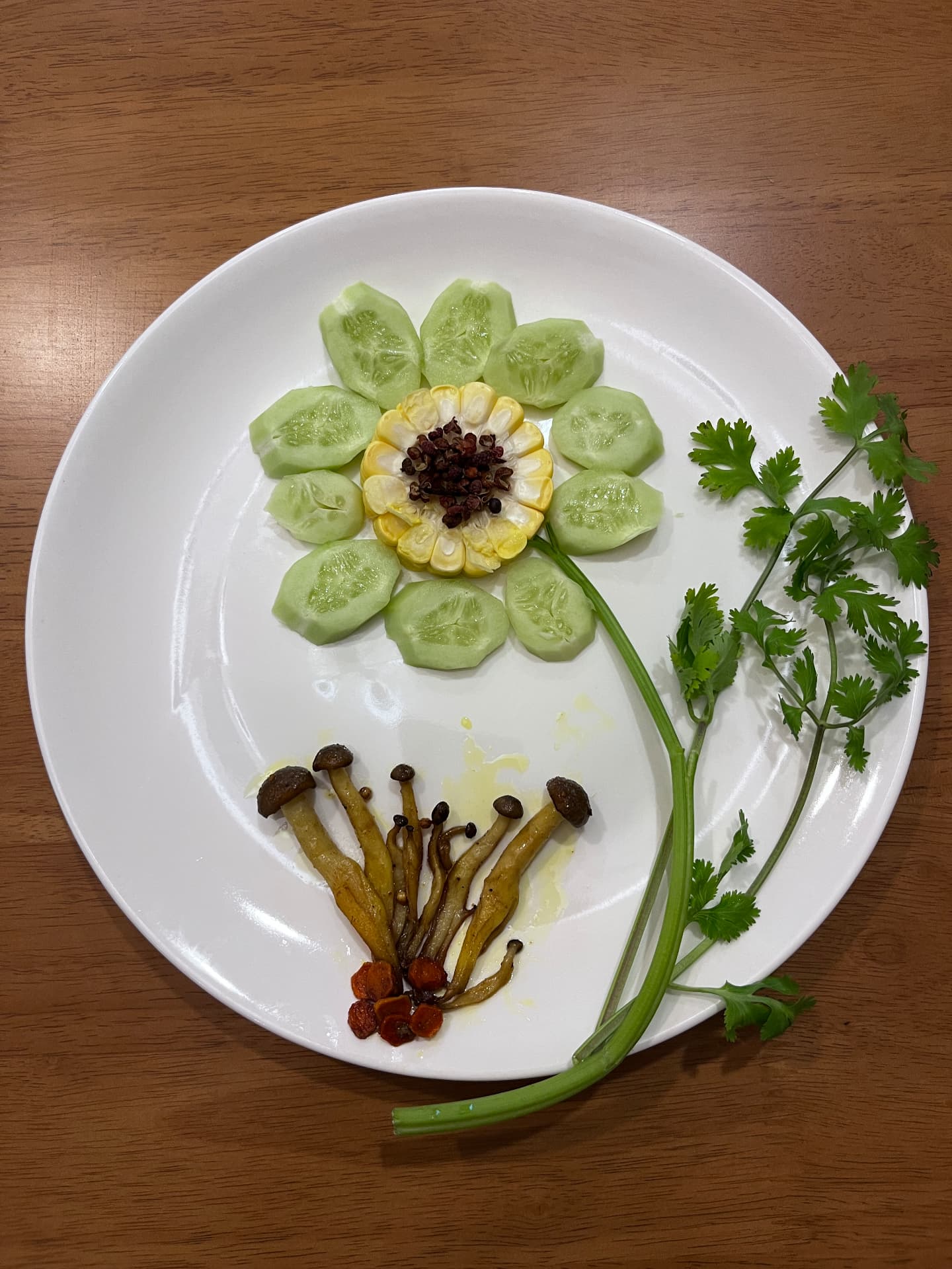 A botanical plate arrangement with vegetables, mushrooms and herbs