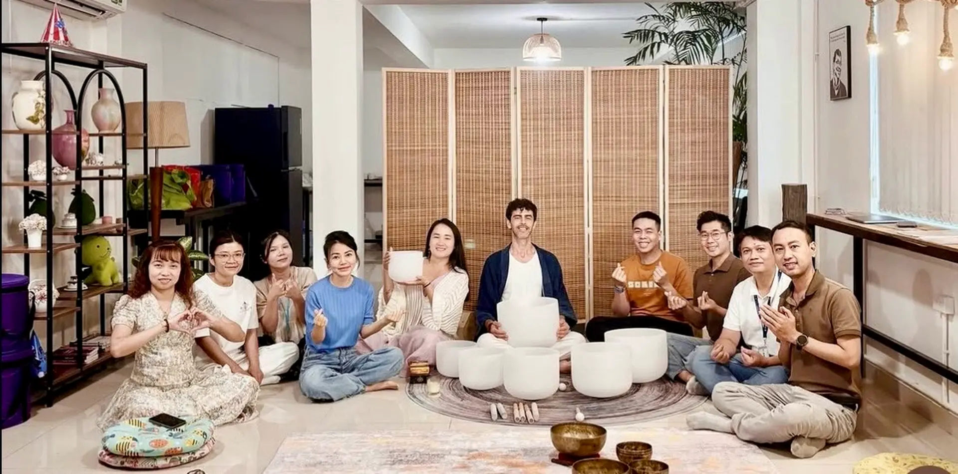 Sound journey group with crystal singing bowls