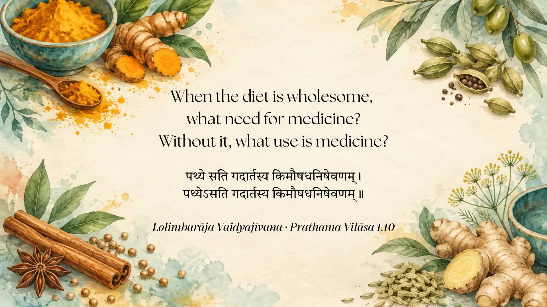 Watercolour artwork about wholesome diet with herbs and spices