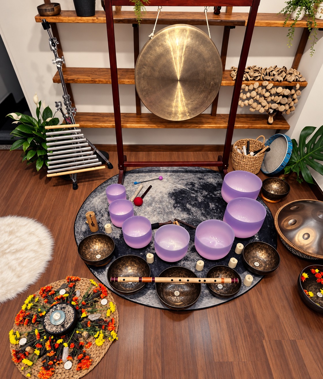 Gong, crystal singing bowls and bansuri arranged for a Nada Yoga sound journey